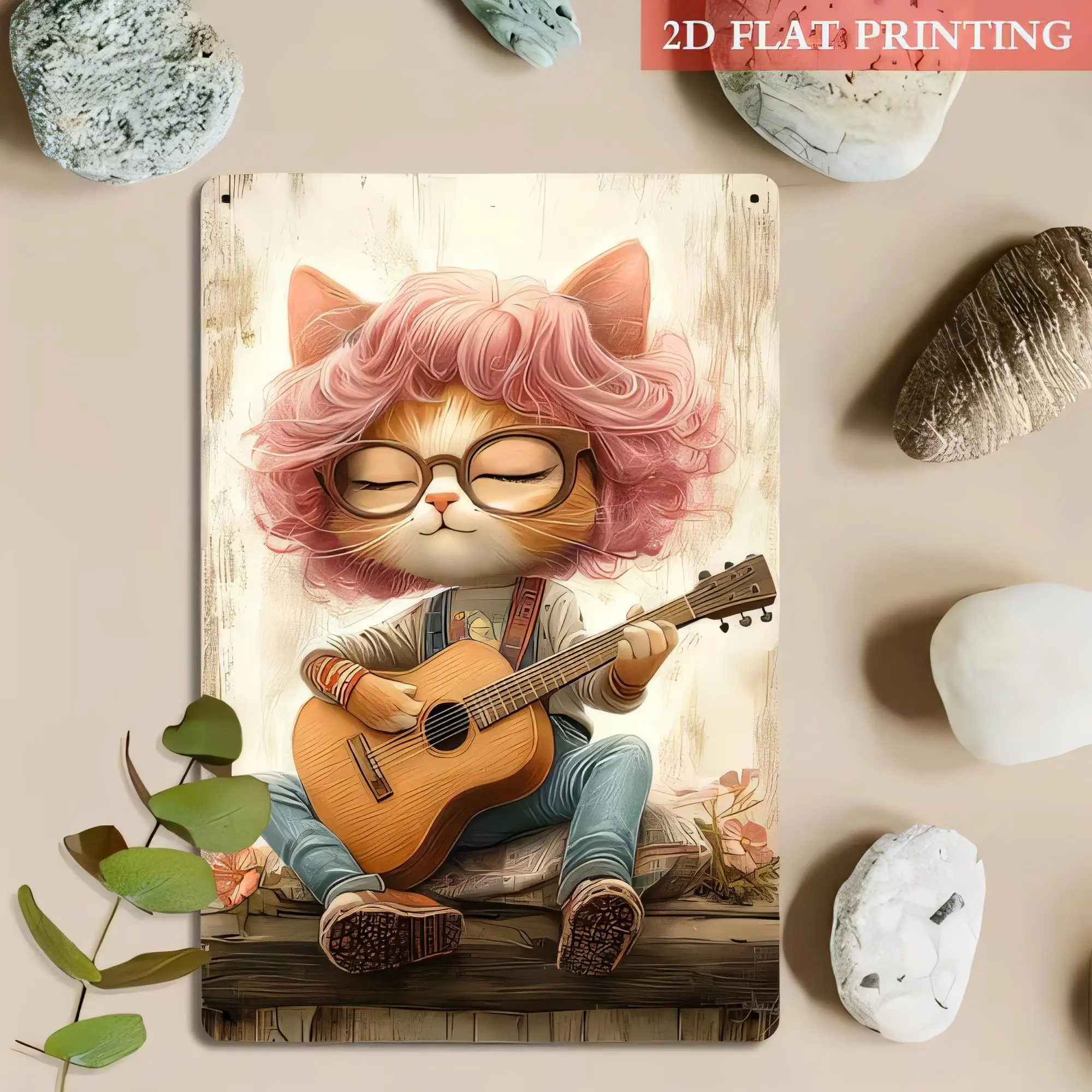 Plaque en métal vintage avec impression de chat musicien mignon jouant de la guitare, décoration murale pour salon, chambre, bar, garage