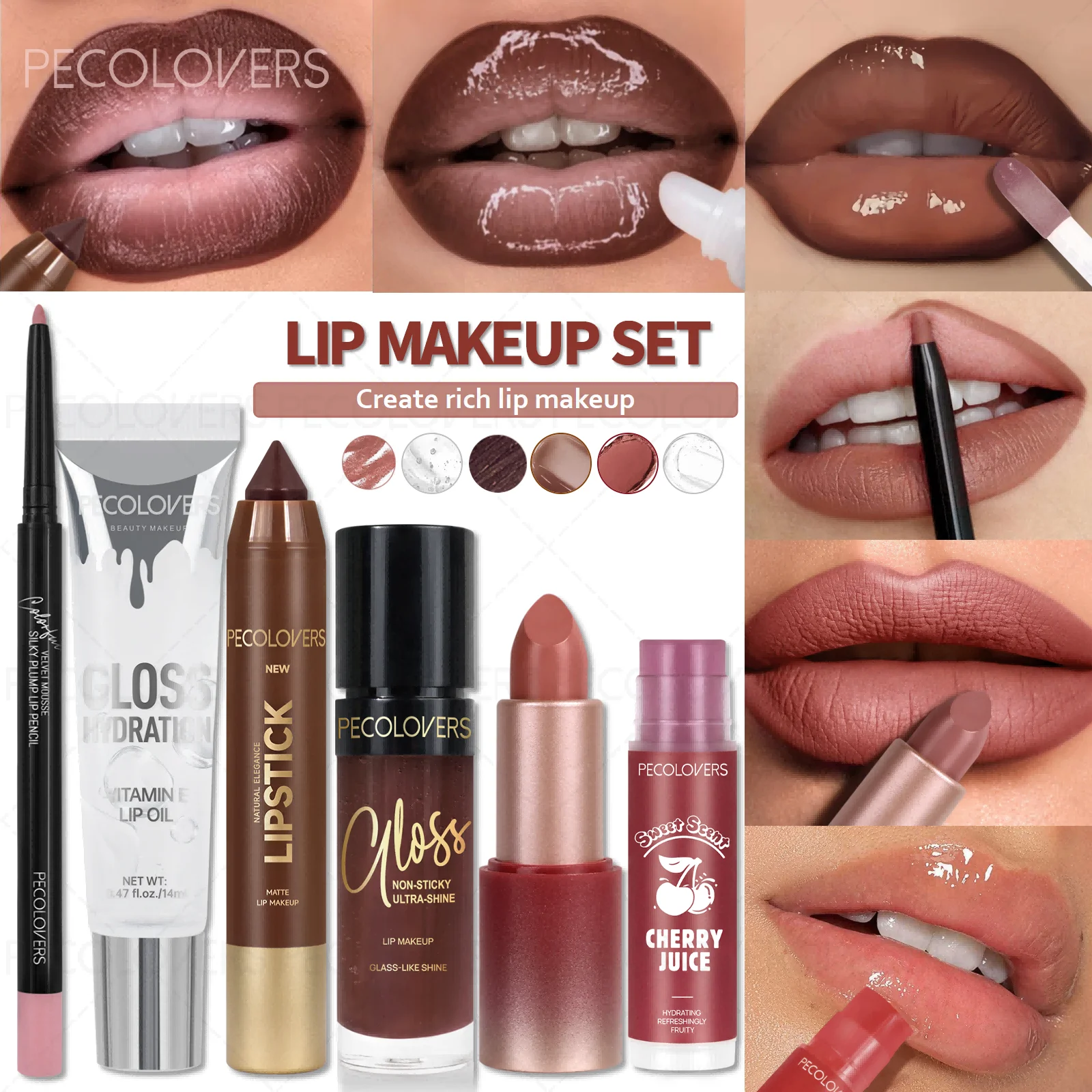 6PCS/Set Lip Makeup Set, Matte Lip Liner & Moisturizing Transparent Lip Oil & Lip Liner Lipstick Pen & Moisturize Lip Gloss & Red Nude Lipstick & Fruit Cherry Flavored Lip Balm, Create Rich Lip Makeup