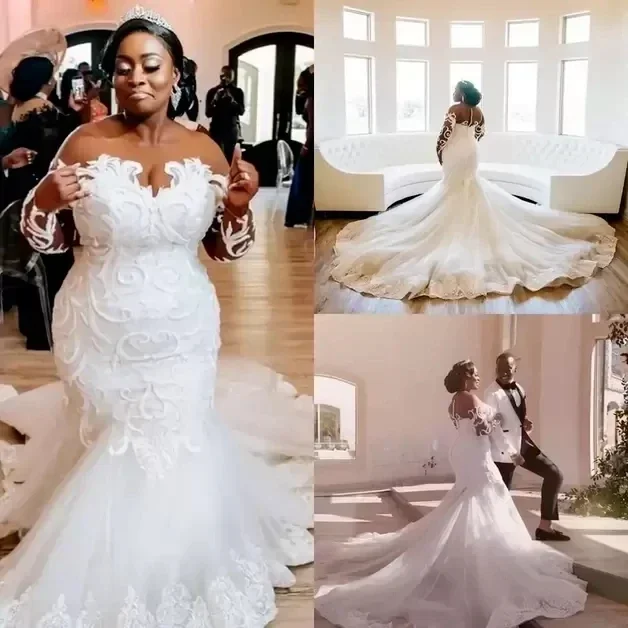 

Customized African Lace Mermaid See Thru Full Sleeves Bridal Gowns Plus Size Wedding Dress Vestido De Novia