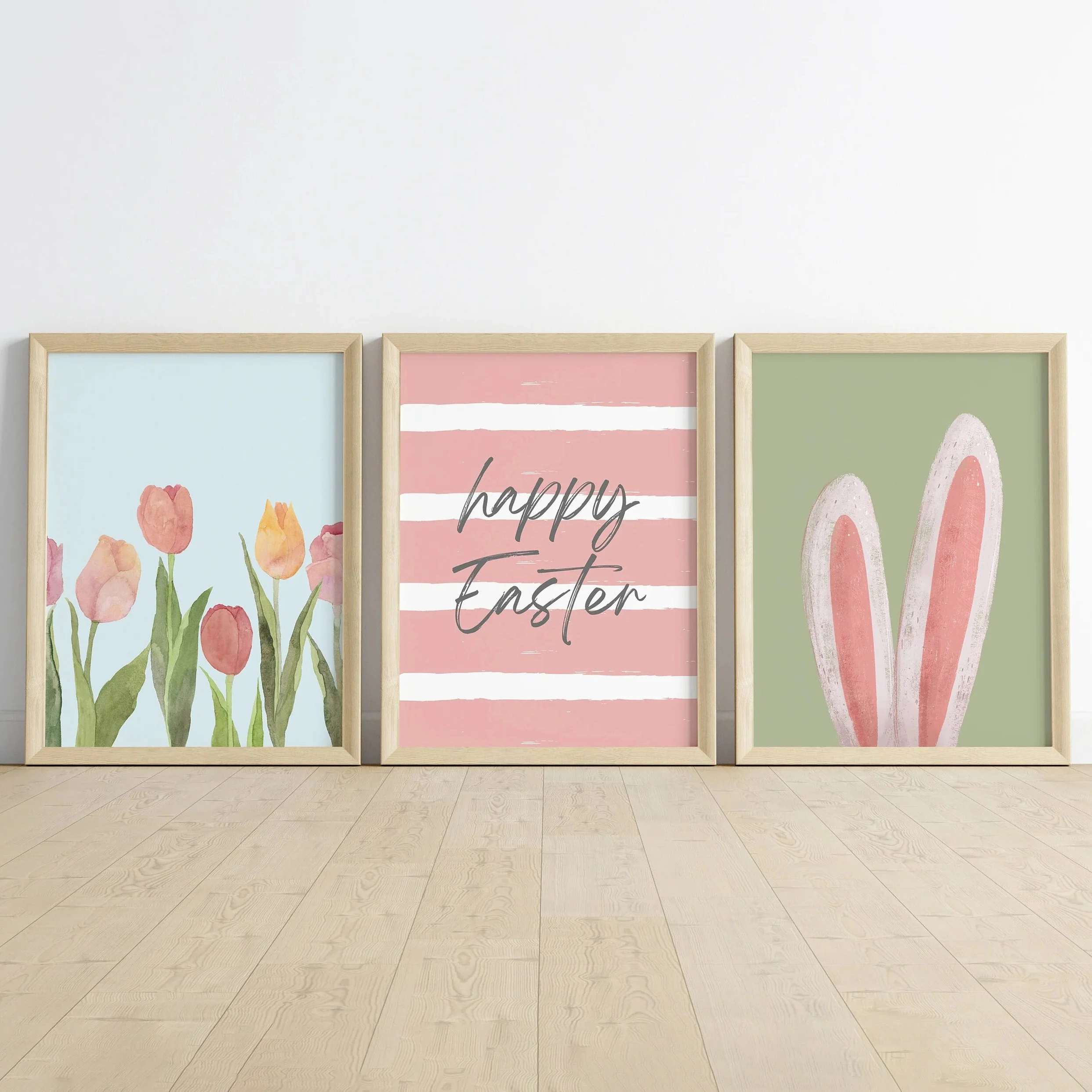 3pcs/set Unframed Canvas Poster, Cartoon Art, Easter Blessings, Bunny Ears And Flowers Decorated Canvas, Easter Spray Paintin