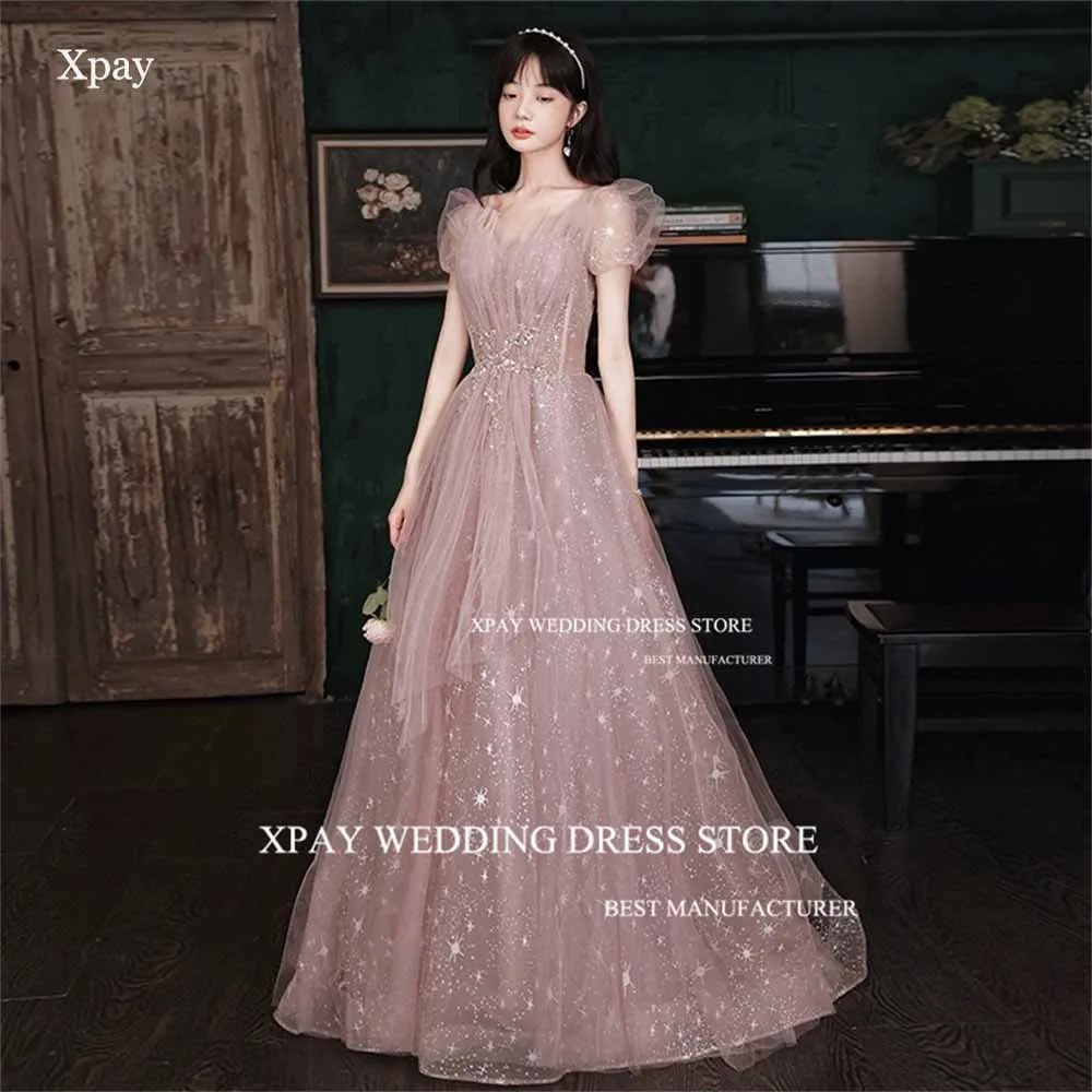 

XPAY Blush Pink Short Sleeve Korea Evening Dress Ruffles Sweetheart Corset Formal Prom Gown Photo Shoot Lace Wedding Party Dress