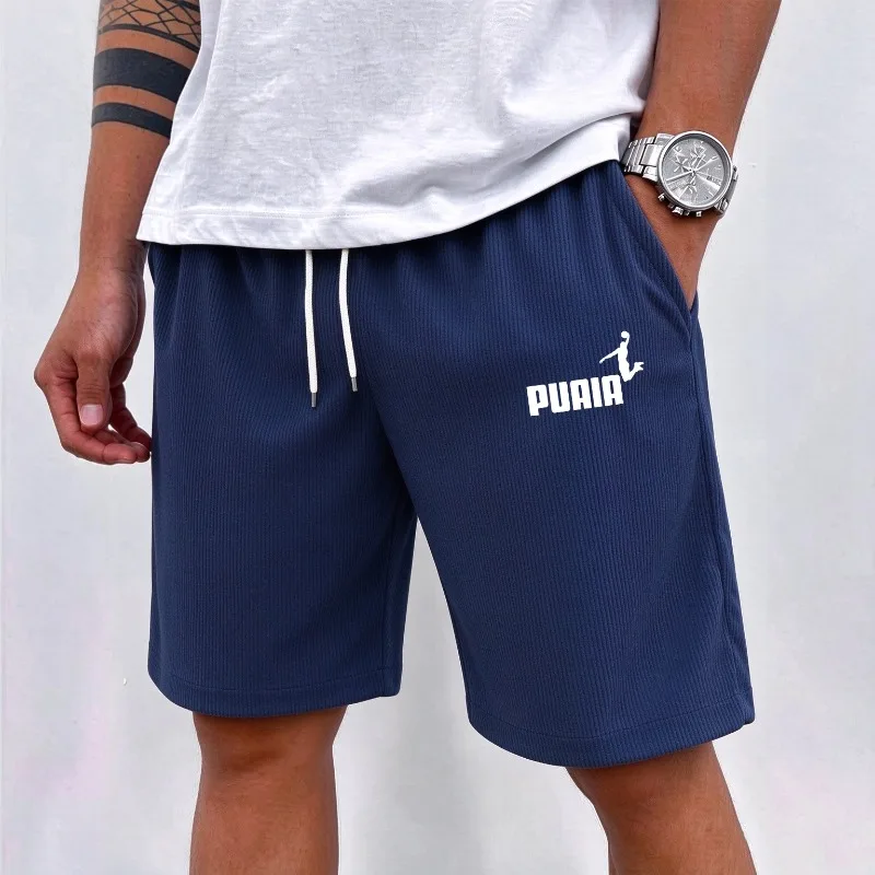 Men Women Summer Loose Shorts Graphic Print Vertical Stripe Elastic Waist Drawstring Casual Shorts