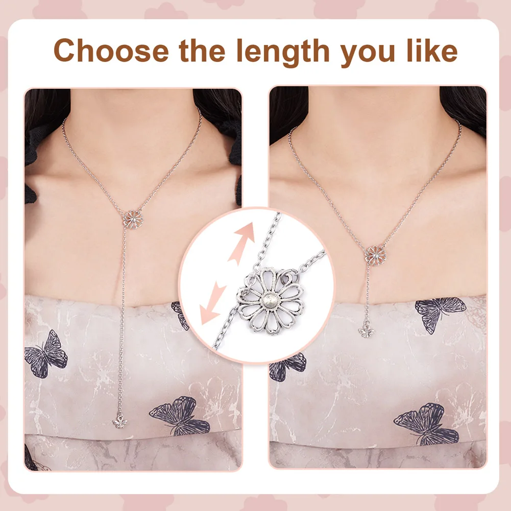 Adjustable 304 Stainless Steel Cable Chain with Metal Flower & Bee Charm Antique Gold/Silver Color Necklace Jewelry Accessories