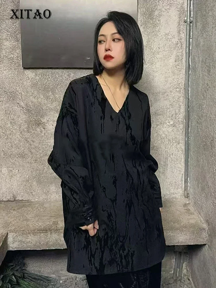 

XITAO пуловер с разрезом, рубашка с длинным рукавом и принтом, свободная темпераментная повседневная утягивающая универсальная осенняя модная длинная рубашка HQQ2425