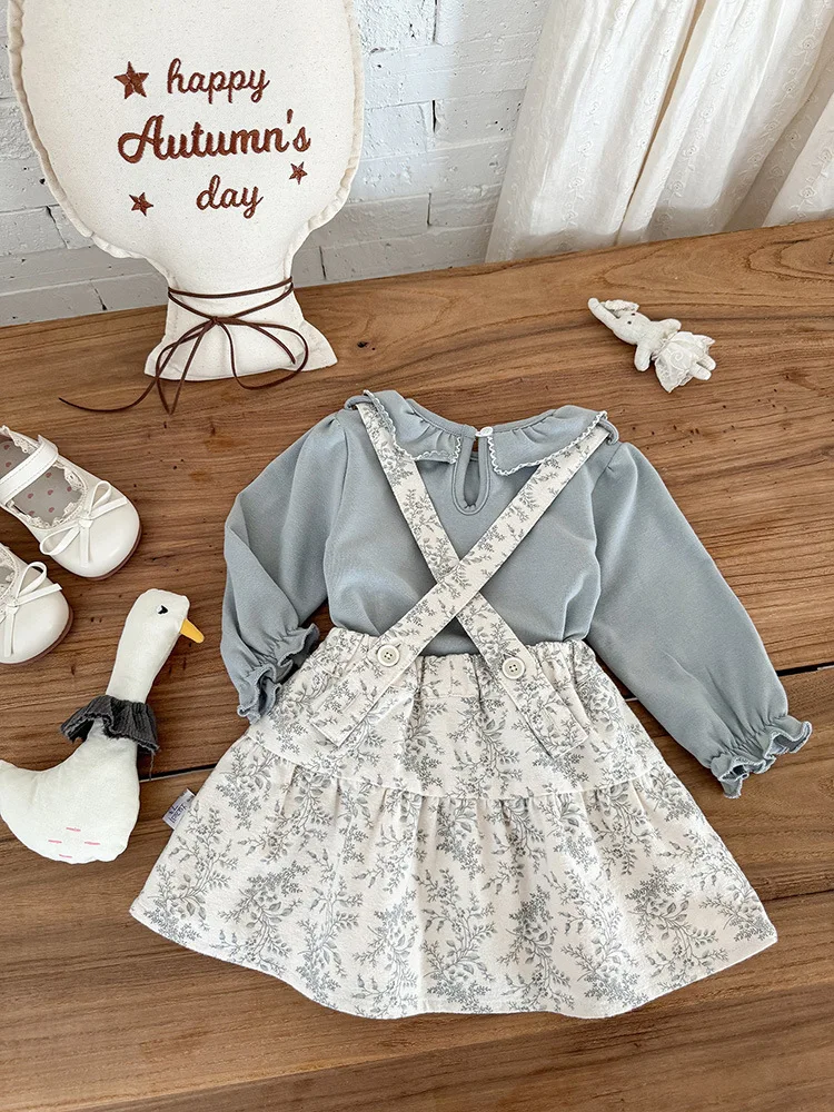 

Infant Toddler Set Autumn New Cute Baby Girl Lace Base Shirt Girls' Overalls Two-Piece Set aClass