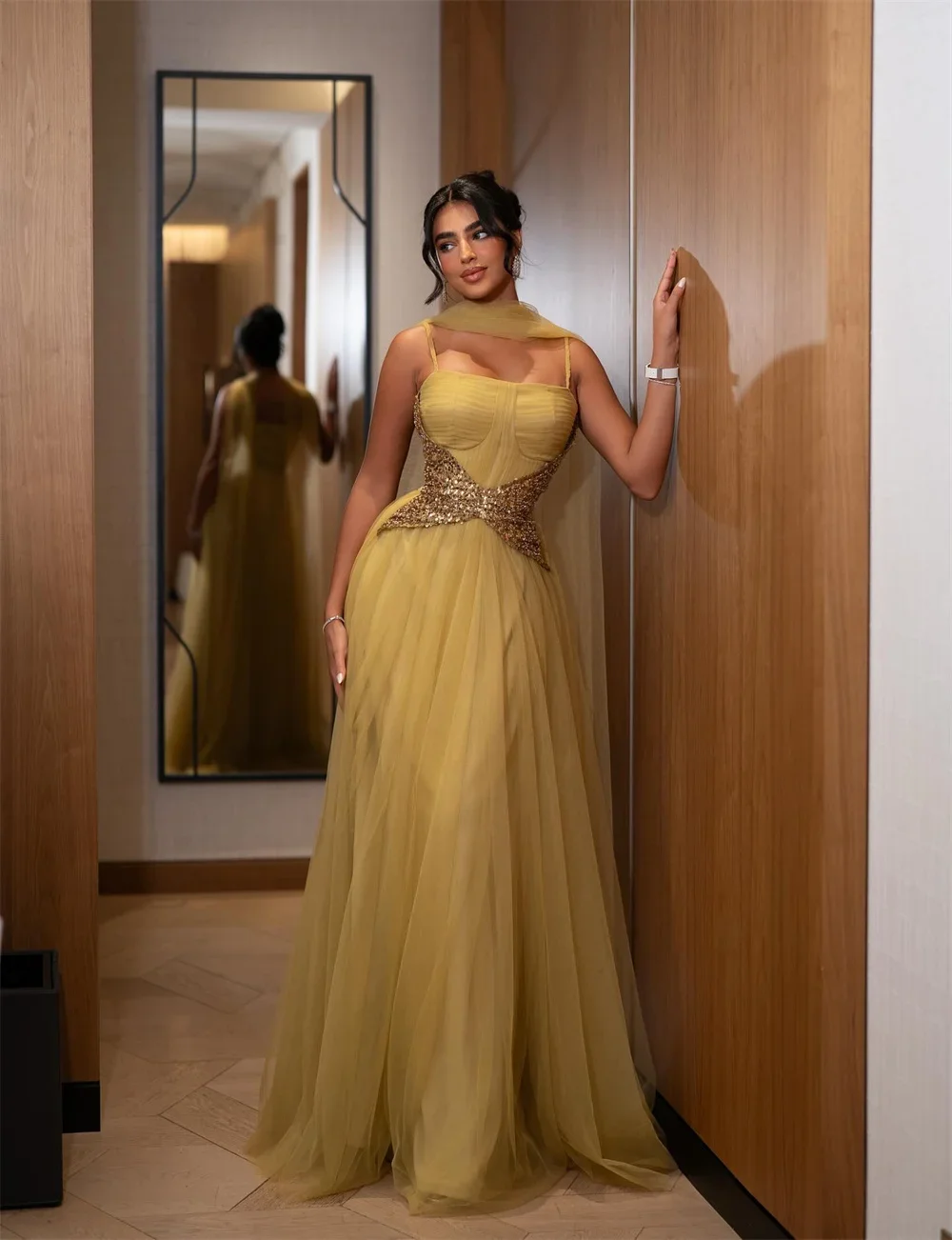 

Customized Mustard Yellow Sequins Spaghetti Strap Evening Dress A-line vestidos de noiva Ruched Back Floor-length Prom Dress