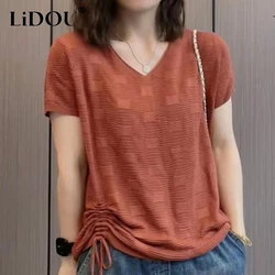 Summer Casual Fashion Drawstring Loose All-match Knitting T-shirt Female Solid Color V-neck Short Sleeve Pullovers Tee Top Women