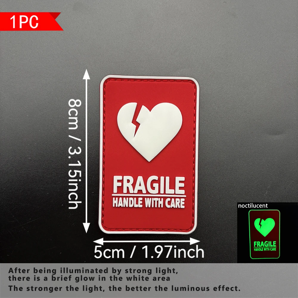 Broken Heart Warning Rectangle 2D Flat PVC Velcro Patch 1PC with built-in glow-in-the-dark effect, comes with a free rough side, fully covered with white edges, reinforced with adhesive, can be repeatedly attached and removed, a unique and personalized accessory for clothing