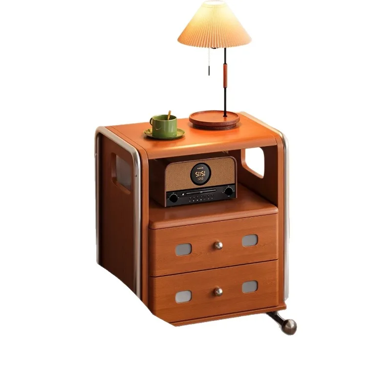 Retro solid wood treasure box bedside table, stainless steel medieval bedroom side cabinet