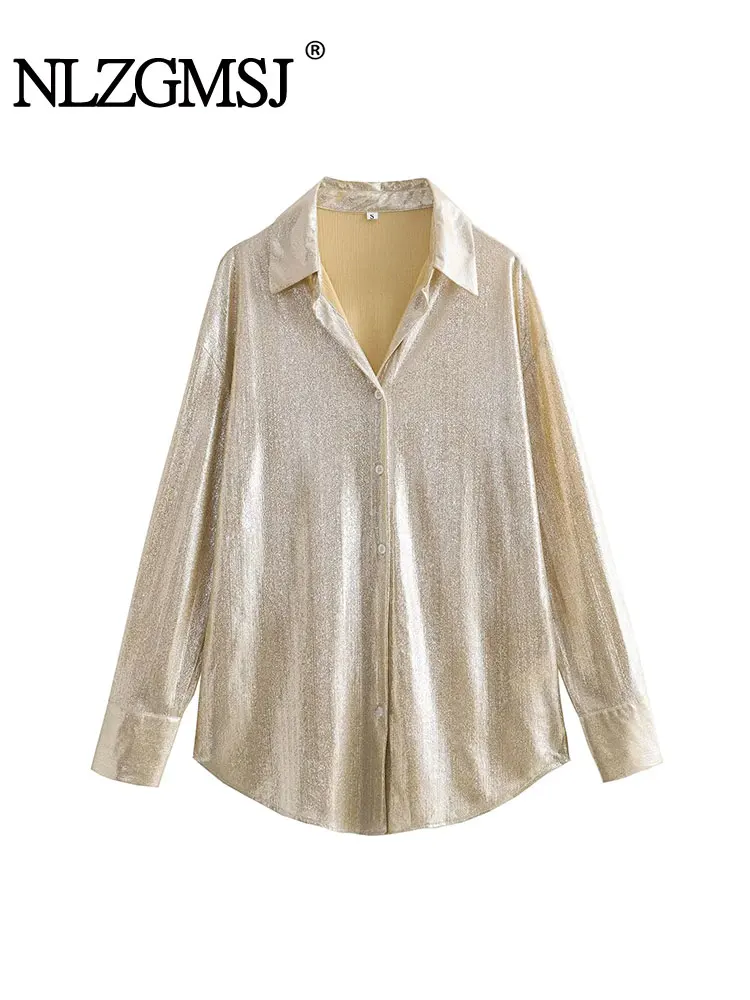 TRAF 2023 Autumn Fashion Solid Metallic Women Casual Blouse Long Sleeve Single Breasted Loose Shirt Vintage Female Top