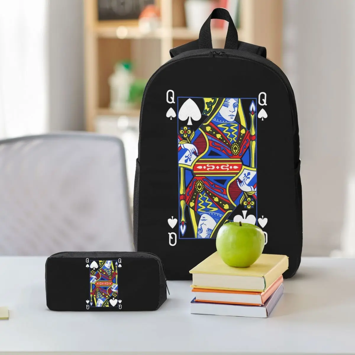 Queen Of Spades Poker Group Halloween Costume Deck Of Cards Backpack BookBag School Bag 3ps Insulated Lunch Bag Pencil Case