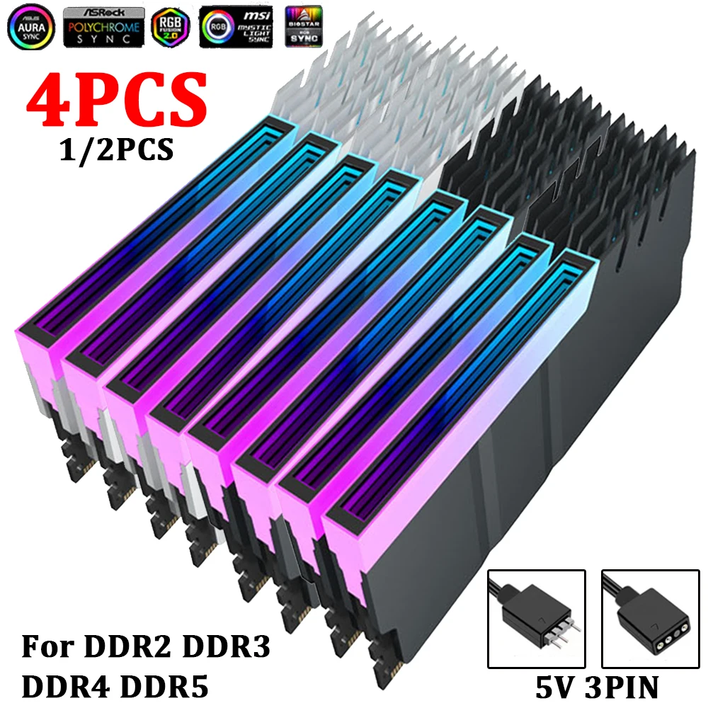 4-1 قطعة المبرد المبرد 5 فولت 3PIN ARGB قطعة الذاكرة التبريد سترة بالوعة الحرارة برودة ل DDR2 DDR3 DDR4 DDR5 سطح المكتب الكمبيوتر ذاكرة الوصول العشوائي