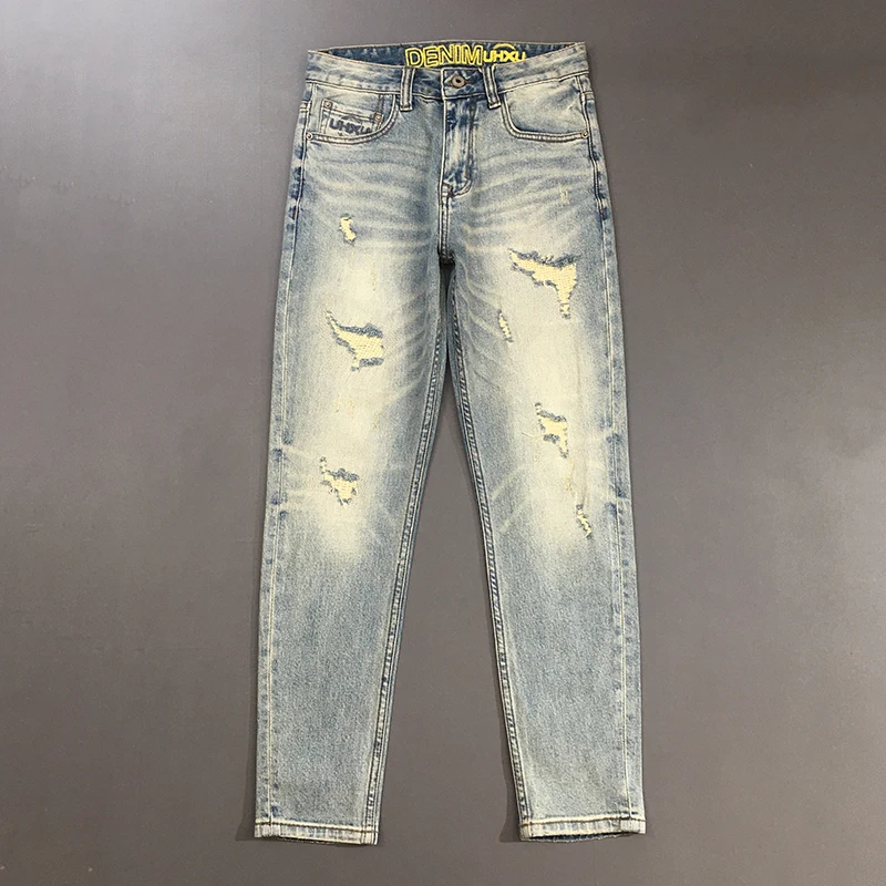 2025 Spring Stretch Ripped Patch Denim Jeans for Men American Vintage Casual High-Street Trend Ink Splatter Slim Straight Pants