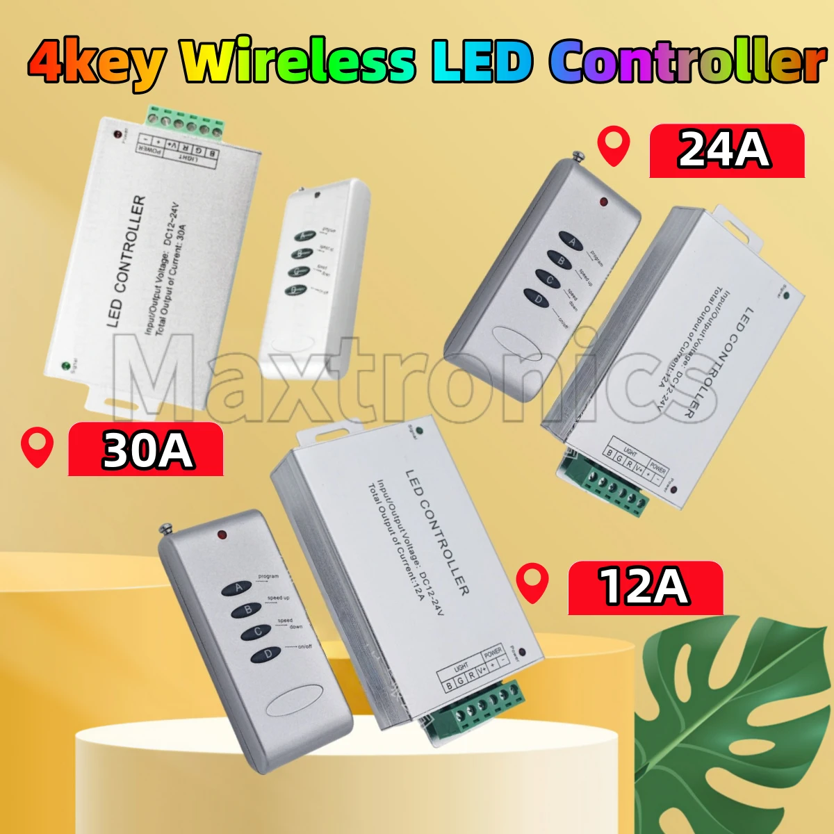 Wireless LED Controller 12A 24A 30A  4-Key RF Remote Control Dimmer for 5050 3528 RGB LED Strip Light Module Controller DC12~24V