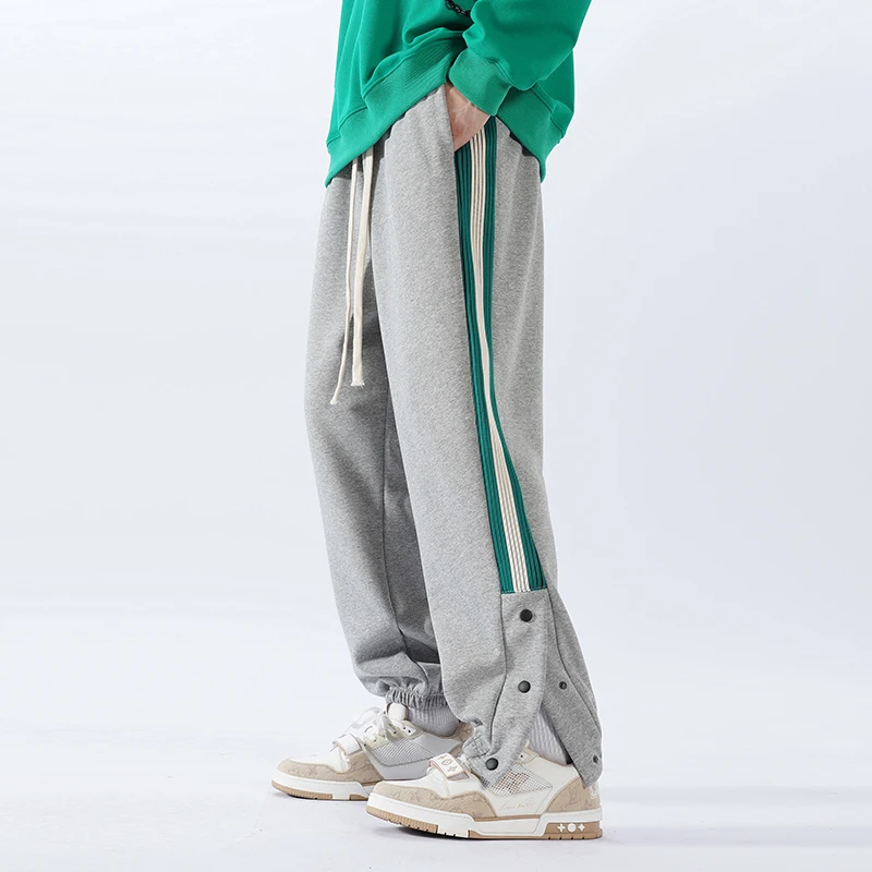 Men's Spring Autumn Button Stripe Pocket Elastic High Waist Solid Casual Sports Pants Tie Heel Harlan Trousers Vintage Pants
