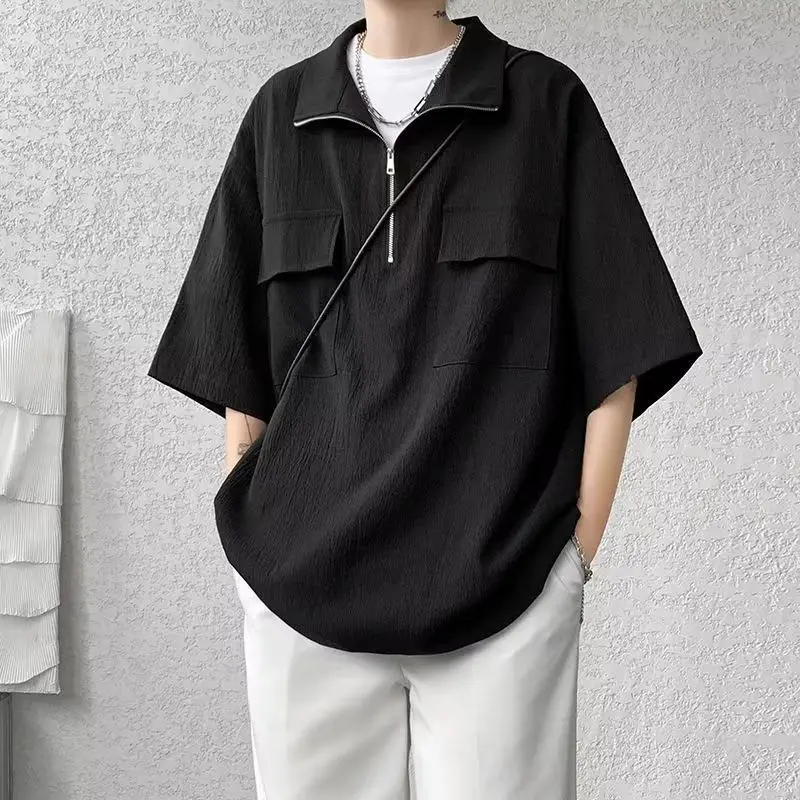 Summer Men Half Zip Shirt Short Sleeves Casual Classical Soft Lapel Medium Length Loose Comfortable Fashion Black White T-shirt