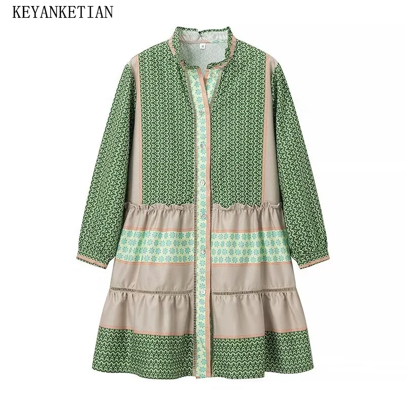 

KEYANKETIAN 2024 New Launch Ethnic style Geometric Flower Print Mini Dress Women Single Breasted Long Sleeve Tiered A-line Dress