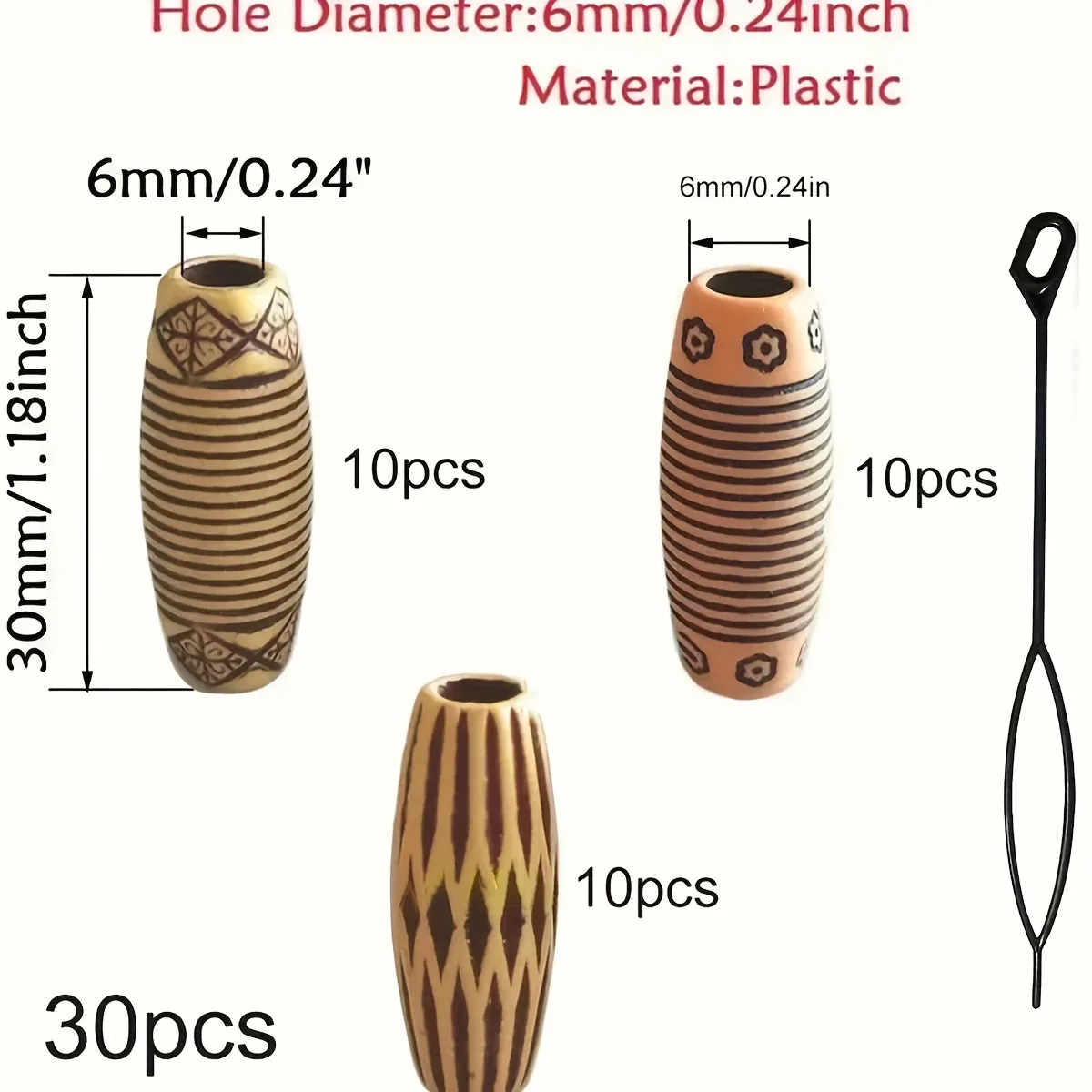 30pcs/Pack Mix Imitation Wood Plastic Crochet Hair Braid Dread Dreadlock Beads Rings Tube for Women Men Hair Accessories