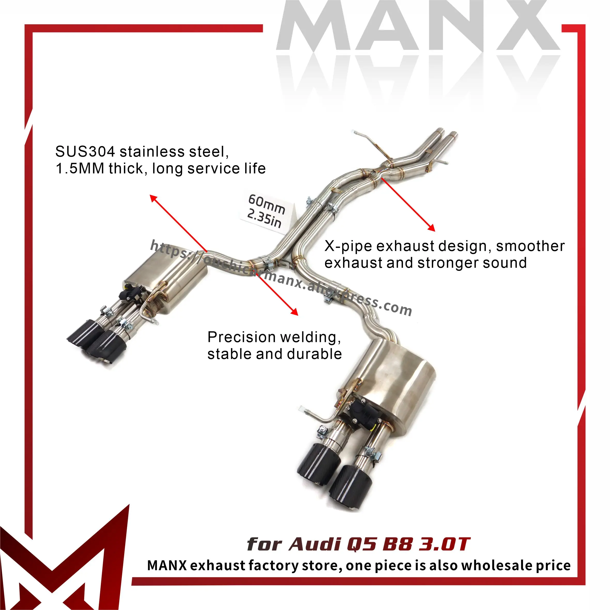 

MANX Catback for Audi Q5 B8 3.0T SS304 Electronic valve Tips black Long service life X-pipe exhaust design Exhaust pipe