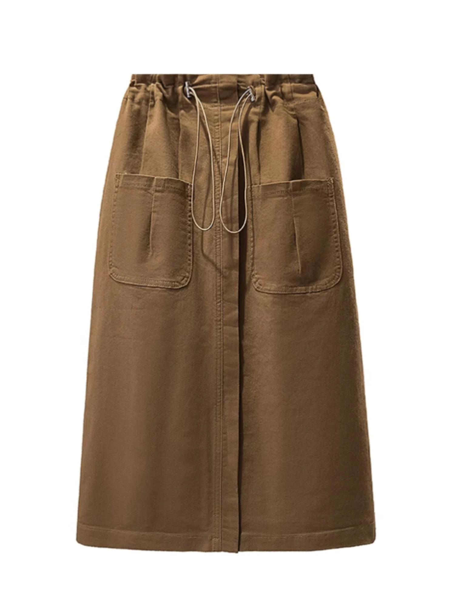 Women's Brown Denim Mid Long Skirt Vintage Aesthetic High Waist Oversize Jean Skirt Y2k A-line Skirts with Slit 2000s Clothes