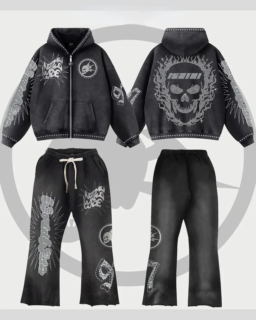 Minimalist Harajuku Style Set Two Piece Set Large Hooded Two Piece Set High Waist Skull Embroidered Pants Sweatshirt Coat Y2K