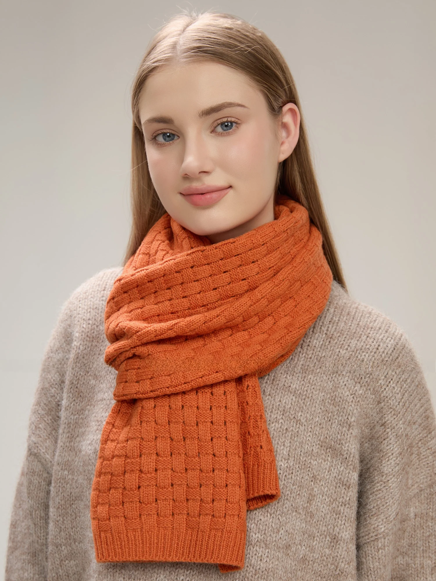 高級ウールニットスカーフ-女性用-暖かいオレンジ色-00-ウールカシミヤ-ラップスカーフ-韓国風冬コレクション-学生やカップル向け