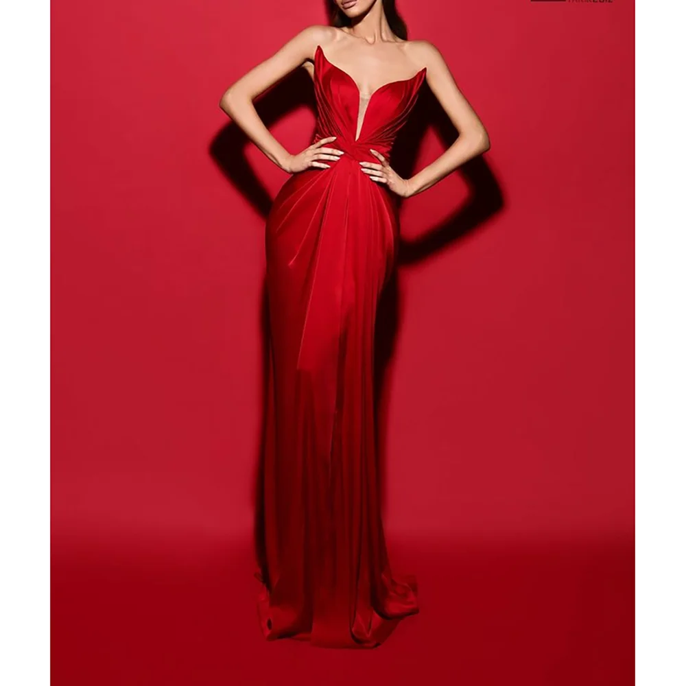 

Сексуальные красные плиссированные платья без бретелек длиной до пола, вечерние платья, банкетные платья для выпускного вечера, клубные вечерние платья, доступны индивидуальные размеры