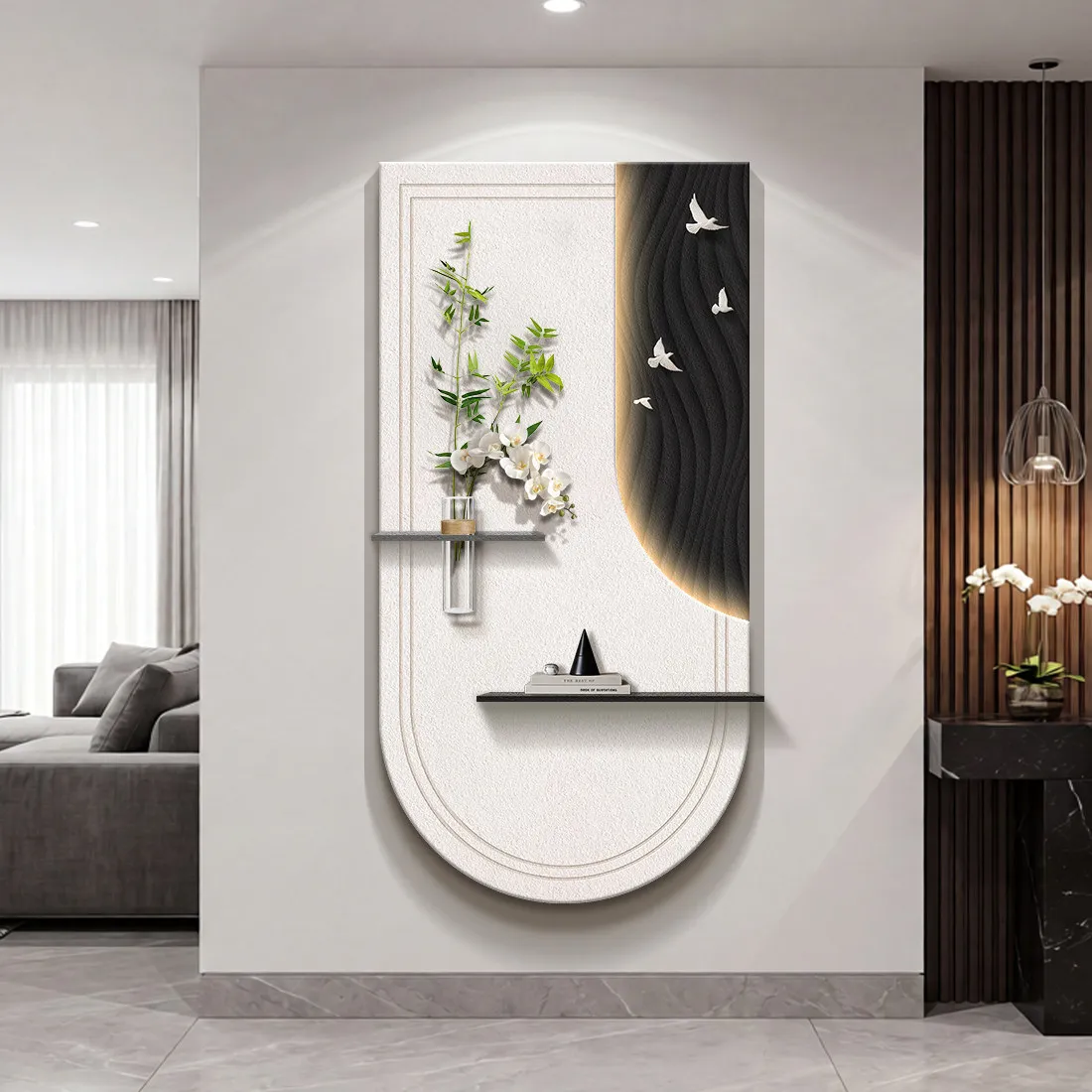 Modern minimalist entrance decoration painting, black and white high-end feeling, corridor three-dimensional texture, light pain