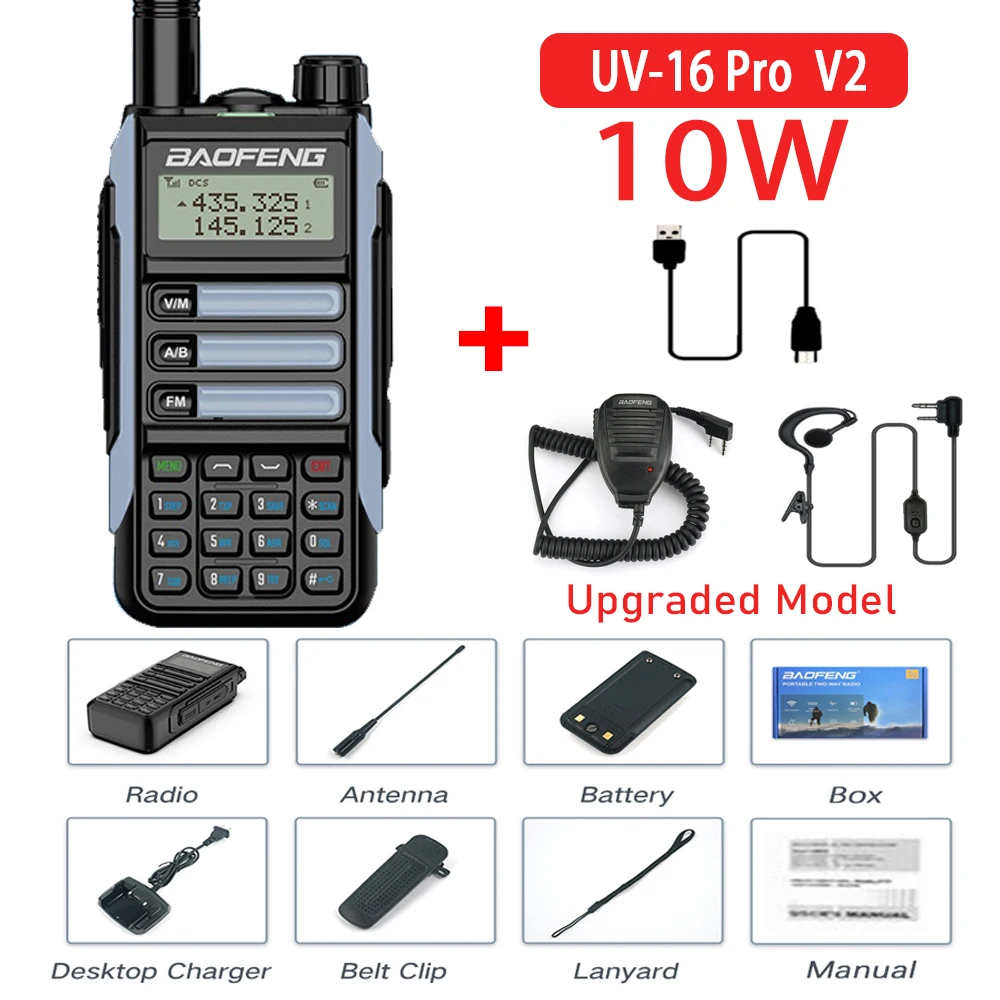 Baofeng-UV-16Pro V2 Walkie-Talkie Hunting Radios, 50km, CB Ham Radio Station, Two-Way Amateur VHF, Powerful 10Watts, Newest, 2022