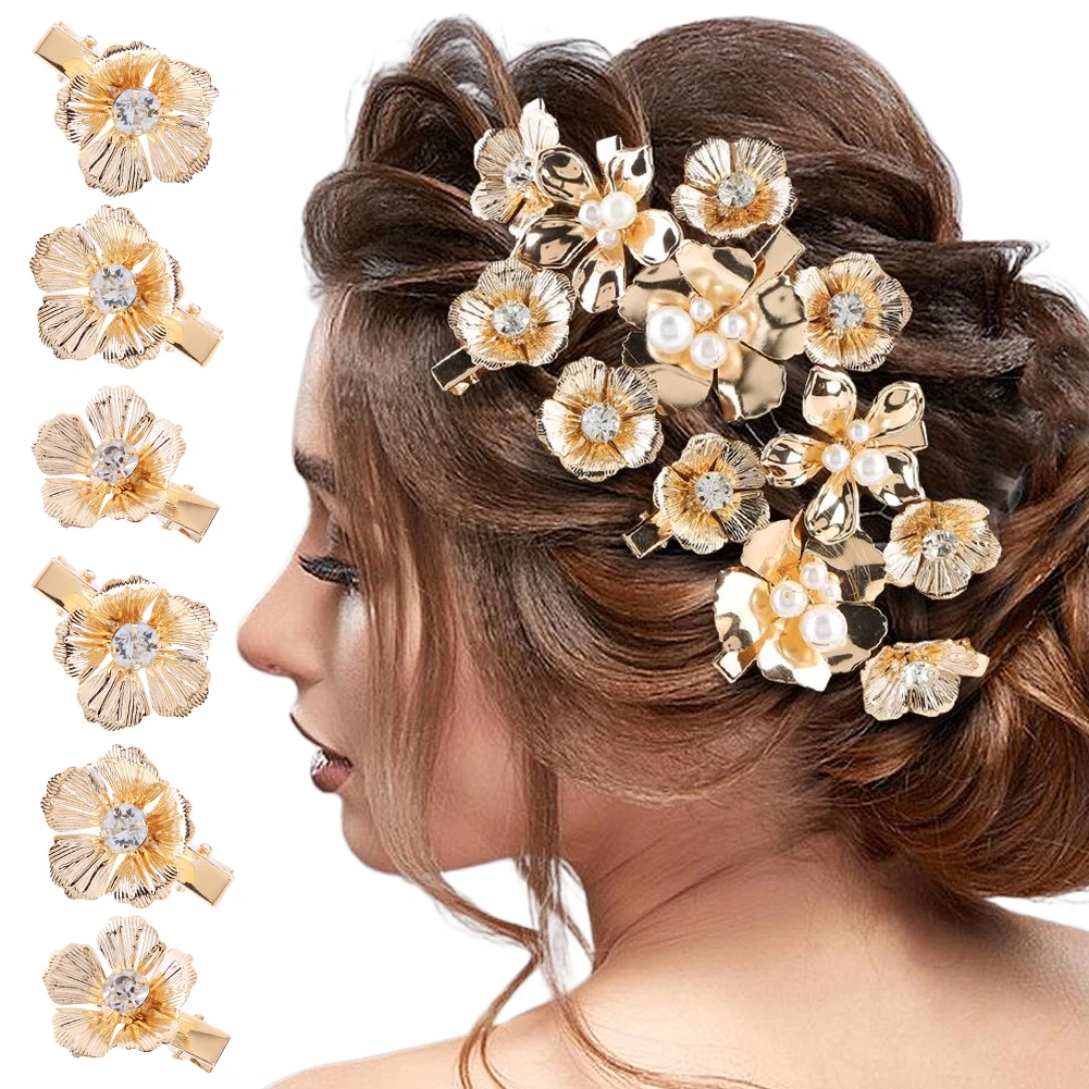 

10/12/16Pcs Small Flower Hair Clips Metal Gold Pearl Hair Barrettes Floral Headpiece Floral Pearl Hair Pins Hair Accessories
