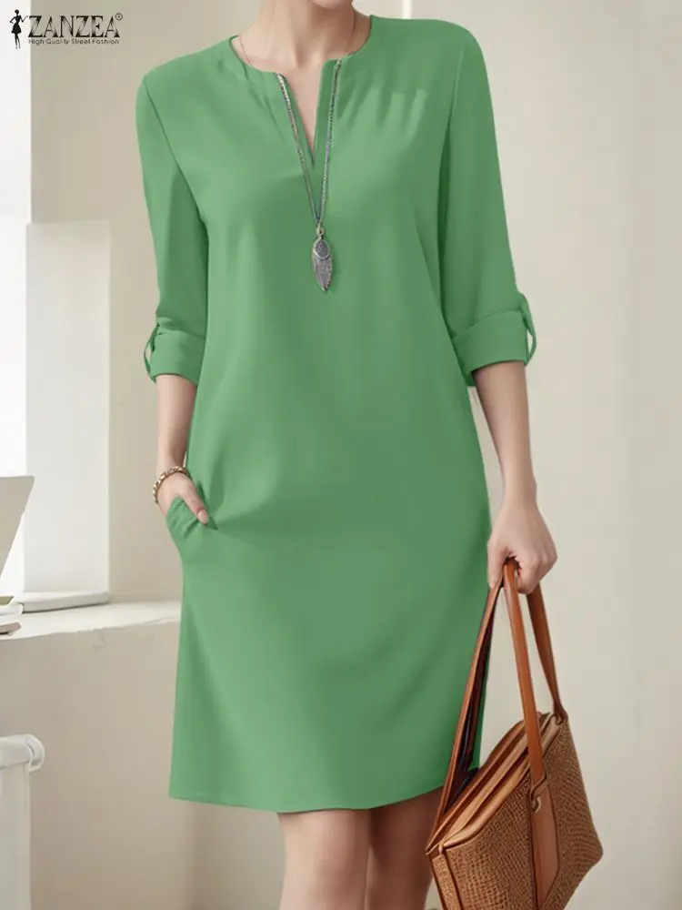 2025 ZANZEA femmes chemise longue Robe mode automne couleur unie genou longueur Robe d'été 3/4 manches décontracté ample fête robes Robe