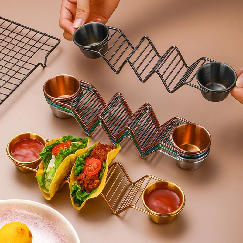 Juego de soporte para tacos de acero inoxidable, soporte para carcasa de tacos con 2 tazas de salsa, soporte para tacos, 3 Tortillas, utensilio de cocina