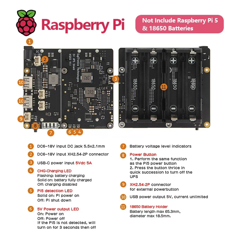 SmCpGeekworm X1202 UPS & Power Management Board With 4 Cell 18650 Battery Holder For Raspberry Pi 5