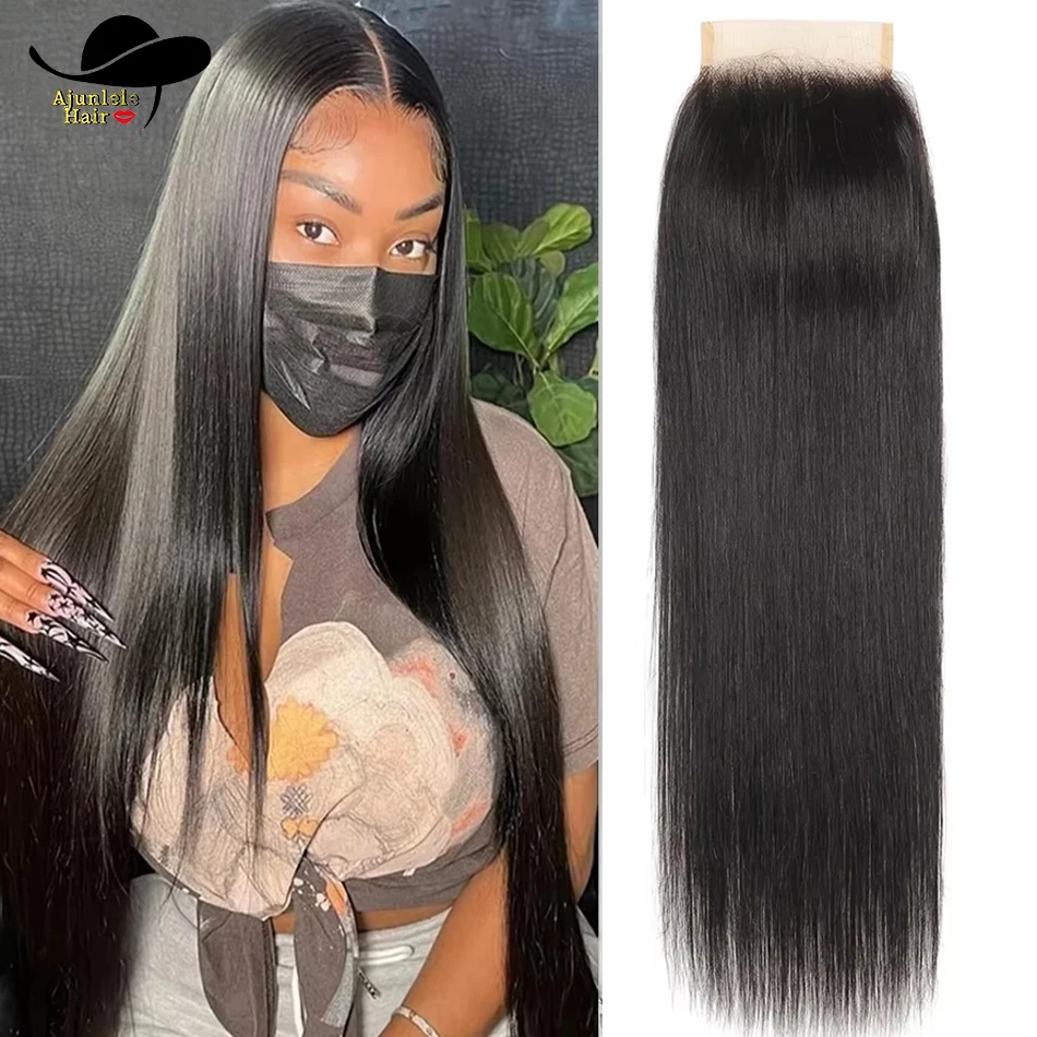 Capelli indiani di colore naturale con chiusura in pizzo dritto 4x4 Capelli umani al 100% con capelli del bambino Capelli Remy Chiusura in pizzo trasparente 4x4