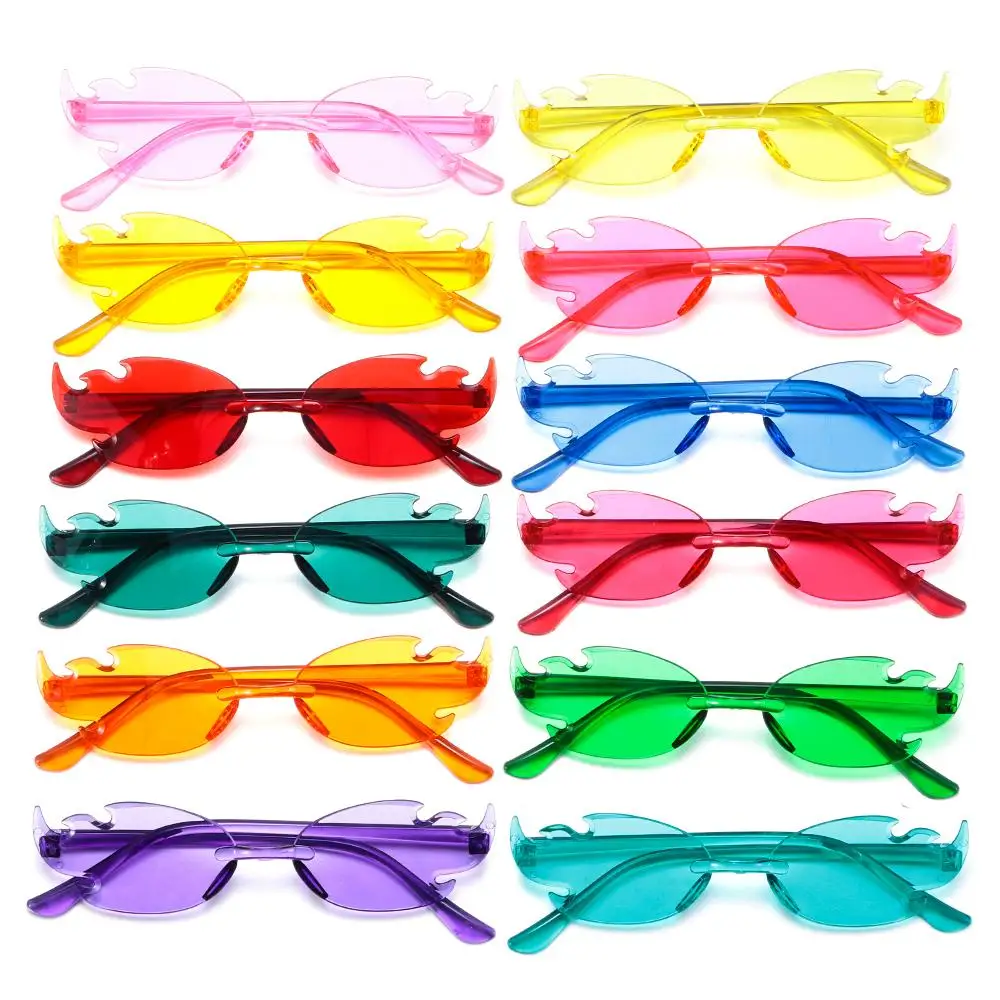 Cool Rimless Fire Flame Sunglasses Colorful Flame Shaped Sun Glasses Y2K Eyewear for Women & Men