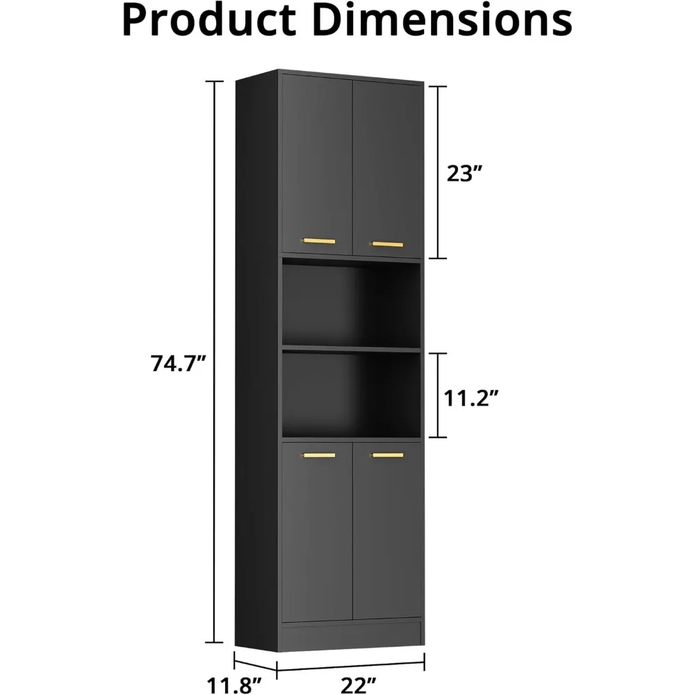 Kitchen Pantry Storage Cabinet 75 Inch High 4 Door Wooden Freestanding Cabinet with Open Countertops and Adjustable Shelves