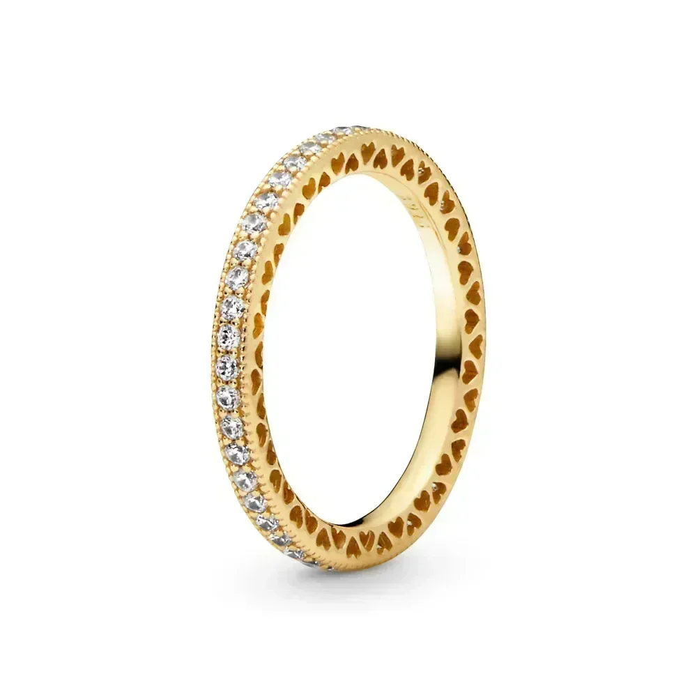 Hotselling 925 sterling zilveren ring uit de exquise gouden serie, sprankelende hartvormige kroonring, modieus charme sieraad cadeau