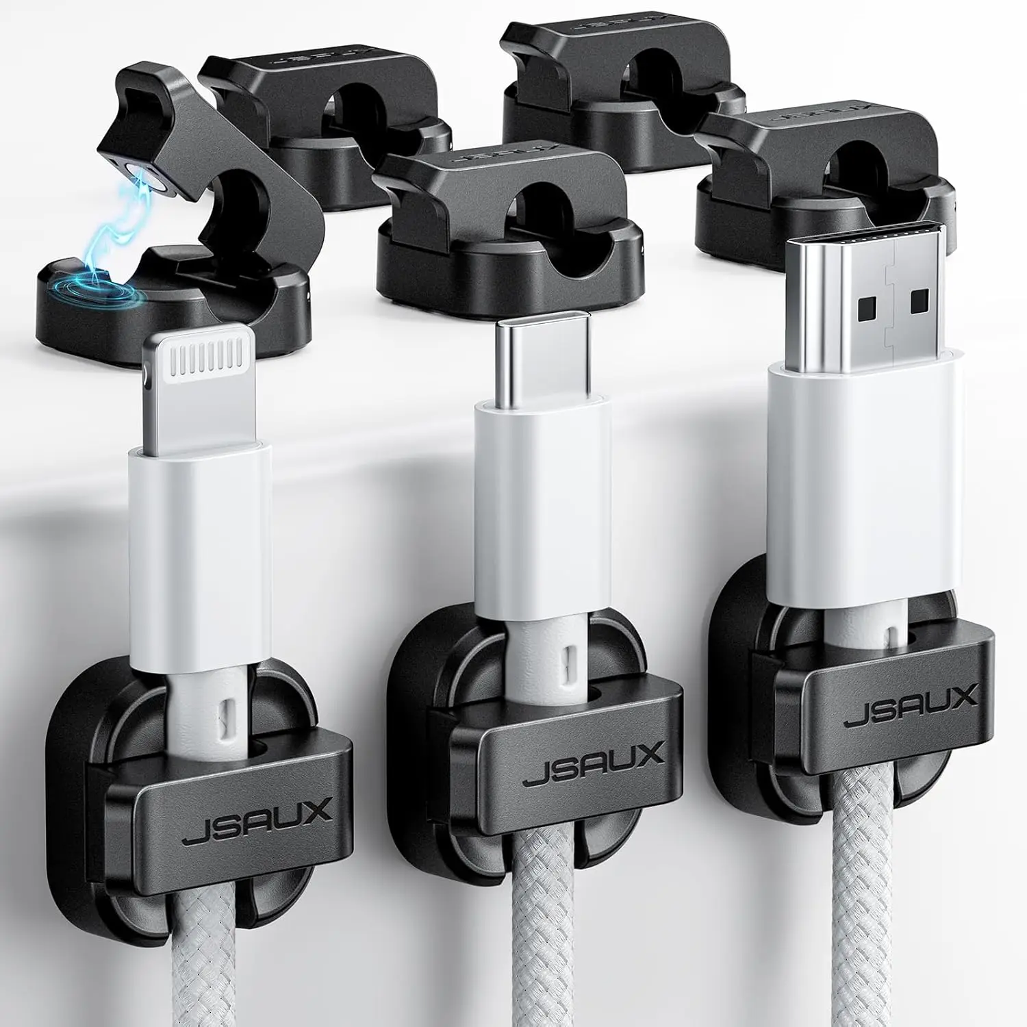 

Magnetic Cord Organizer 8 Pack – Black Cable Clips with Strong Adhesive – Easy-Open Wire Holder for Desk, Nightstand, Kitchen