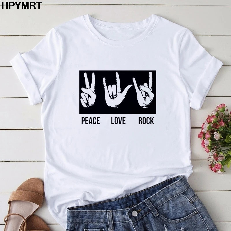 Summer Fun gesture Print T shirt Women O-neck Harajuku Peace Love Rock Tops Tshirt Girl Casual Tee Female T-Shirt Woman Clothing