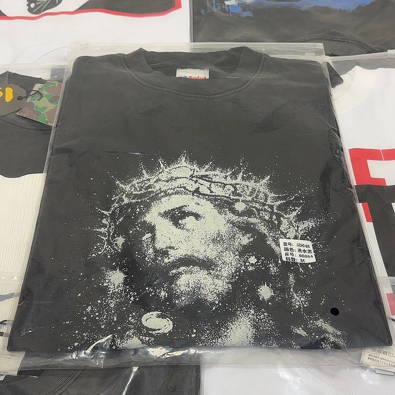 Vintage Washed Worn Black Saint Tshirt Noctilucent Print Pointillism Graffiti Portrait Men Women Round Neck Short Sleeve Tops