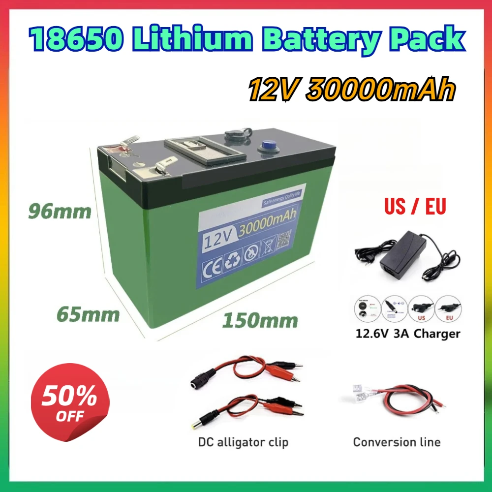 18650 Battery Pack for Solar Energy Electric Vehicle LED Lights Battery 12.6v 3A Charger 12V 30Ah Rechargeable Lithium Battery
