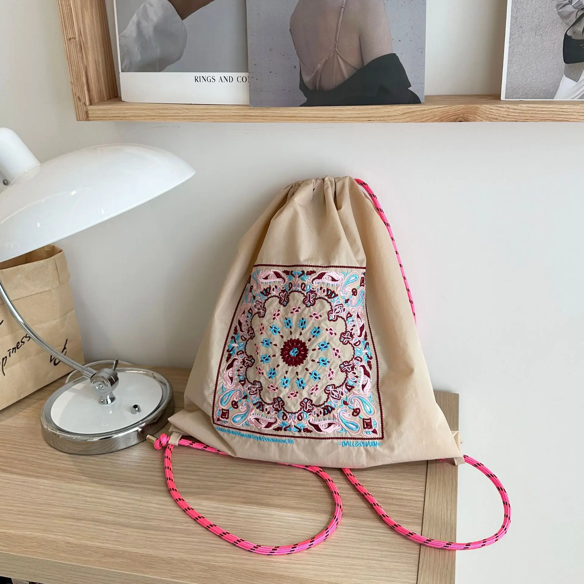 Hawaiian Embroidery Drawstring Bag Nylon Designer Backpack Cat Shoulder Bags for Women Large Capacity Travel Bags Female Hobo