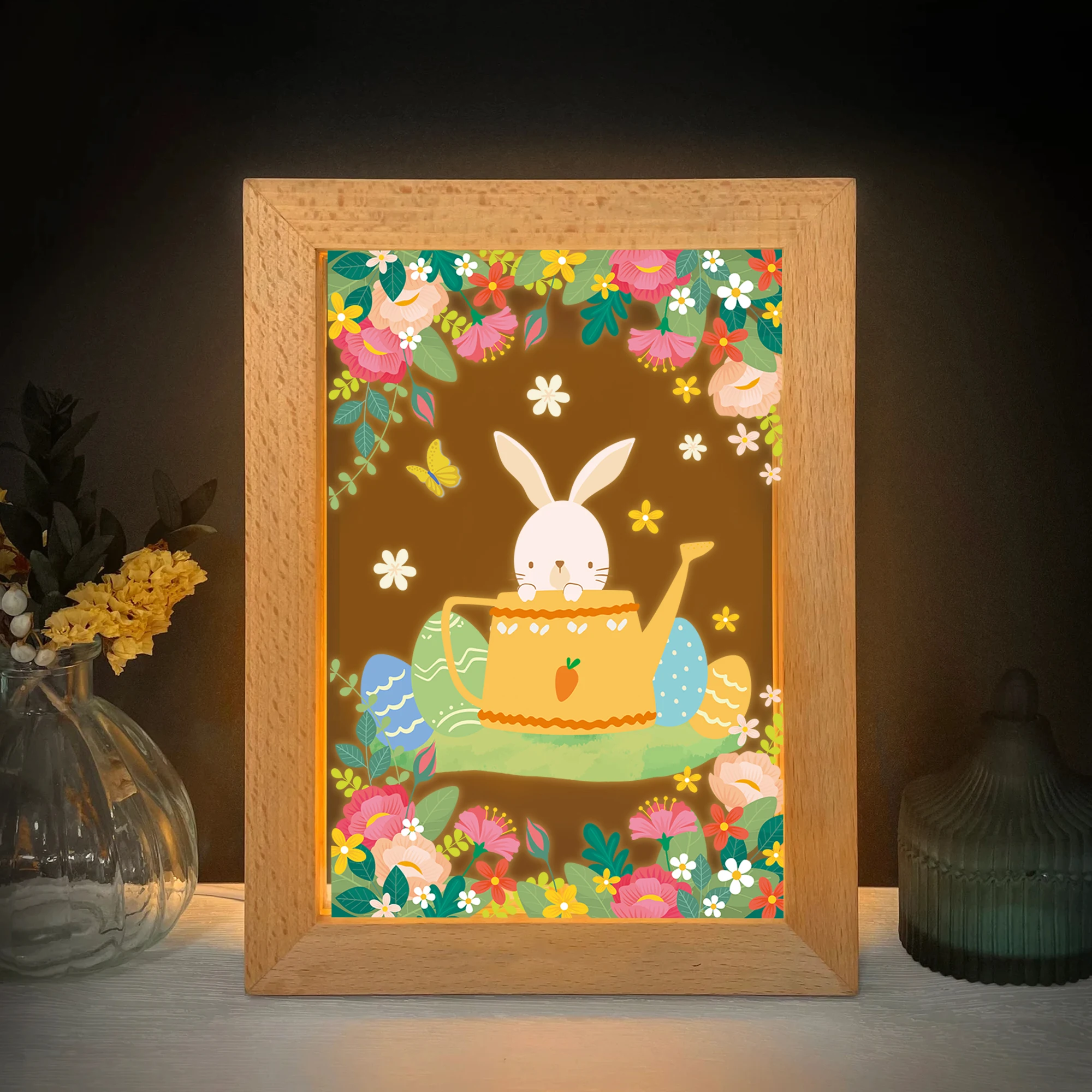 2D شقة الحيوان أرنب LED الاكريليك ضوء الليل الخشب إطار الصورة 21x17 سنتيمتر الكرتون الأطفال غرفة نوم الهدايا ديكور المنزل هدية #3