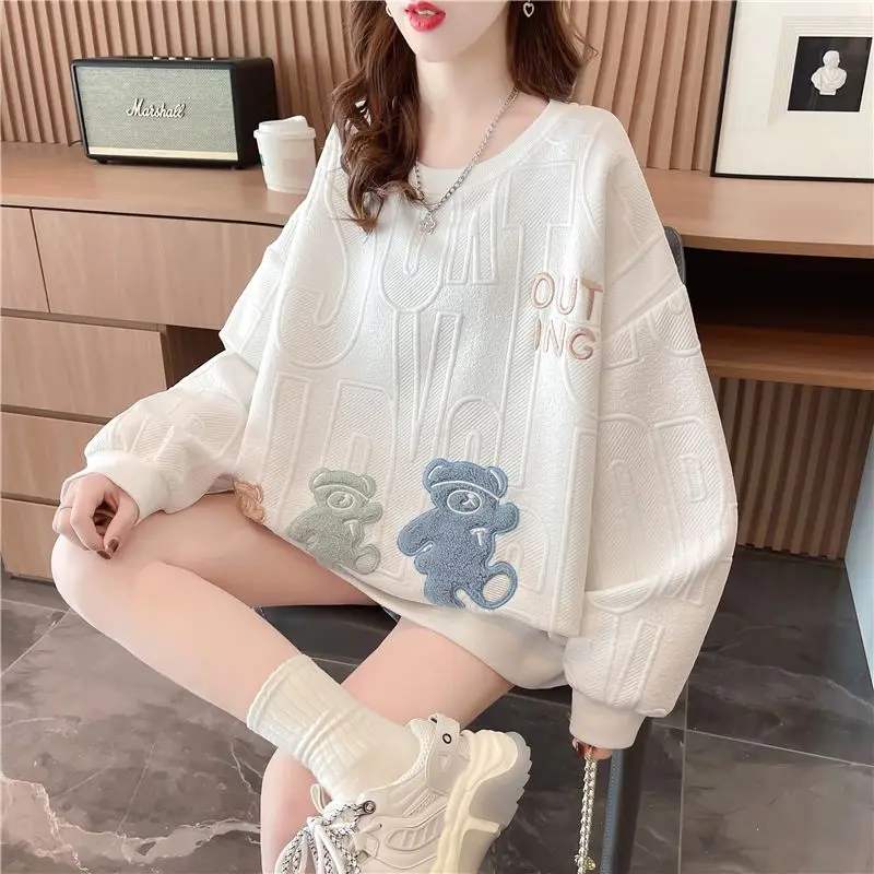 Women Korean Funny Cute Cartoon Bear Embroidery Streetwear Oversized Sweatshirts Y2K Female Trendy Casual Long Sleeve Tops Ropa