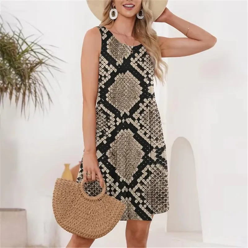 Fashion Python Pattern Women Mini Dresses Summer Sleeveless O-Neck 3D Printed Street Ladies Dress Female Loose Casual Dress