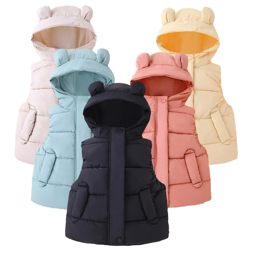 1-7Y Toddler Kids Hooded Waistcoats Solid Children Cotton Padded Warm Vests Baby Boys Girls Sleeveless Jackets Insulated Clothes