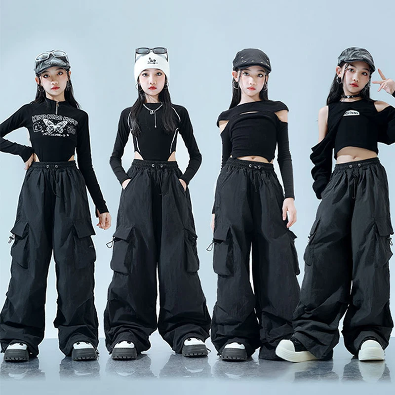 

Cool Girls Jazz Dance Stage Costume Kids Hip Hop Street Dance Wear Children Fashion Clothing Black Tops Loose Cargo Pants 2153