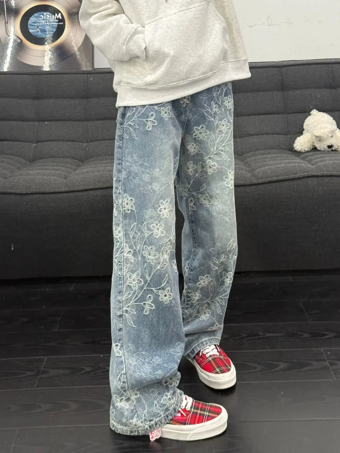 Light Blue Printed Denim Jeans Men's Straight Leg Flared Pants High Street Style Casual Wear Resistant Floral Pattern Jeans