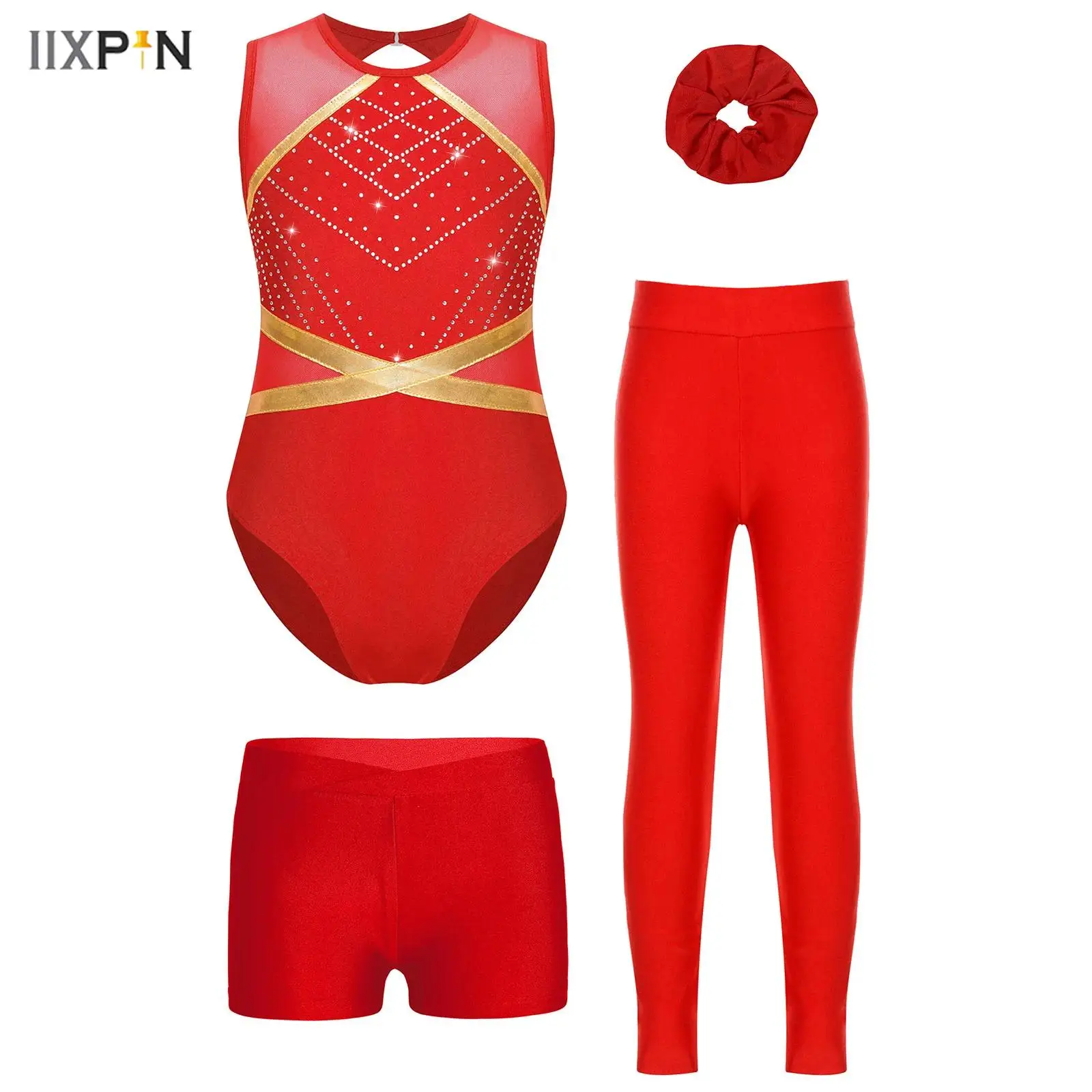 

4Pcs/Set Kids Girls Dance Gymnastics Figure Skating Costume Sleeveless Glittery Rhinestones Leotard+Shorts Leggings+Headwear