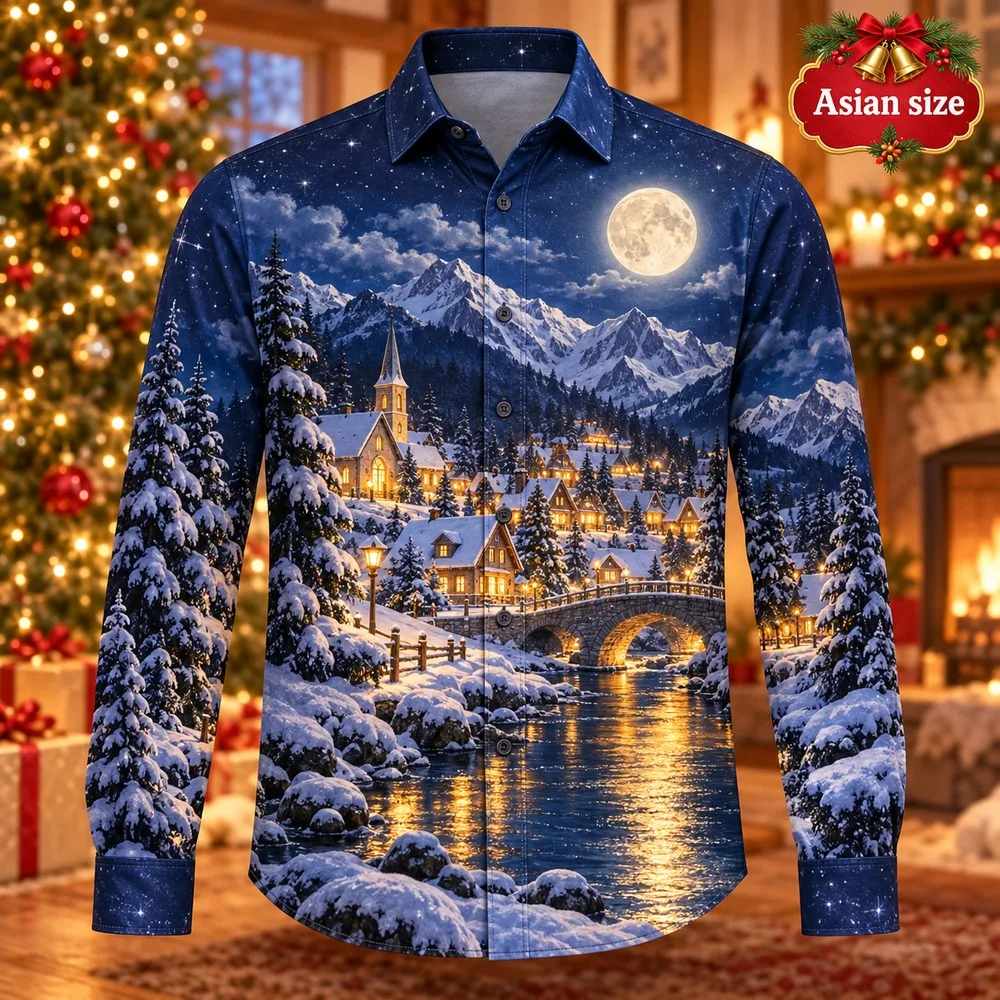 Christmas Village Long Sleeve Button Down Shirt for Men 3D Print Polyester Holiday Party Festive Graphic Xmas Top Shirts